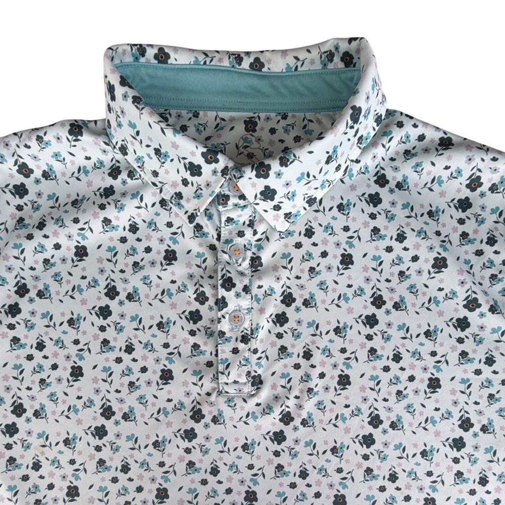Swannies Mens Floral Golf Polo Shirt Large White Blue Short Sleeve Performance